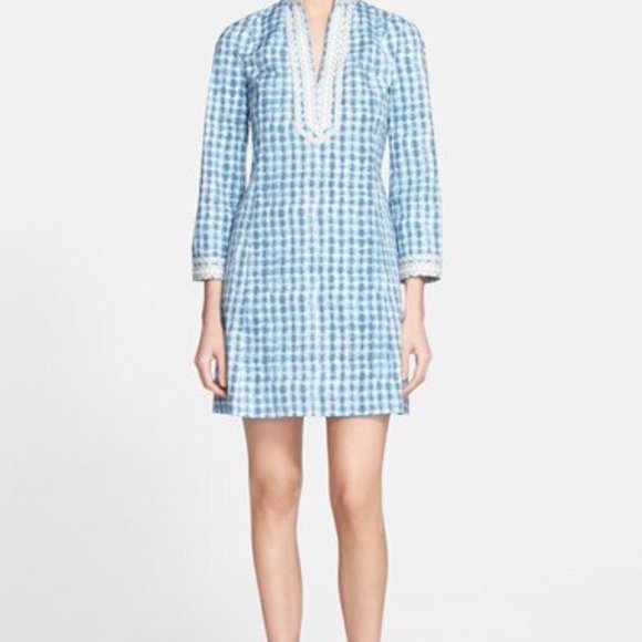Tory Burch Blue Sonda Tie-Dye Stretch Tunic Mini Dress Size 2 Tunic Caftan Boho - Picture 2 of 13